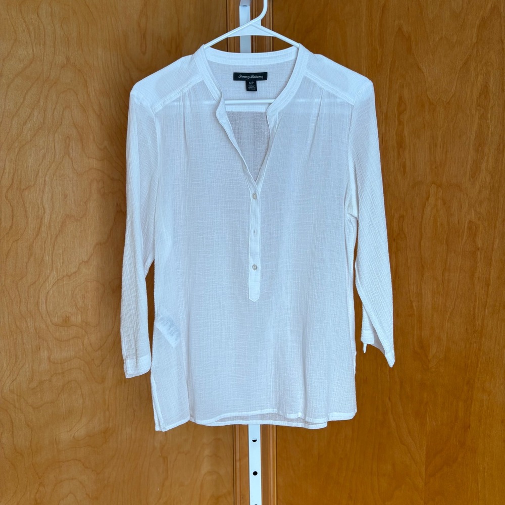 Tommy Bahama White Gauze Mandarin Collar Button‎ Up Tunic Shirt Top Women S